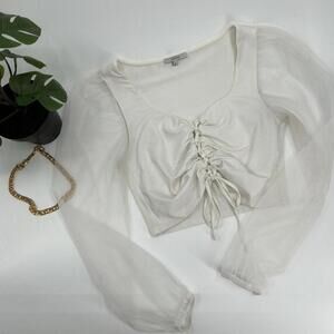 White lace-up sheer sleeve Crop-top